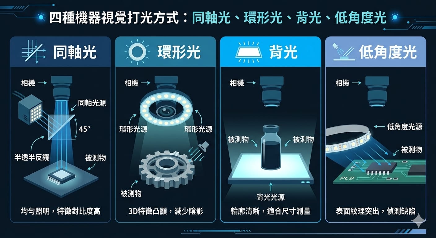 不同打光方式的光源配置示意圖